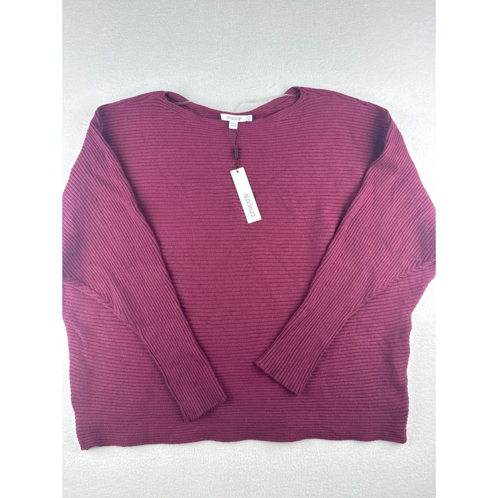 Chico's Deep Chianti Ribbed Dolman Pullover Sweater Cashmere Blend Size 3 XL NEW
